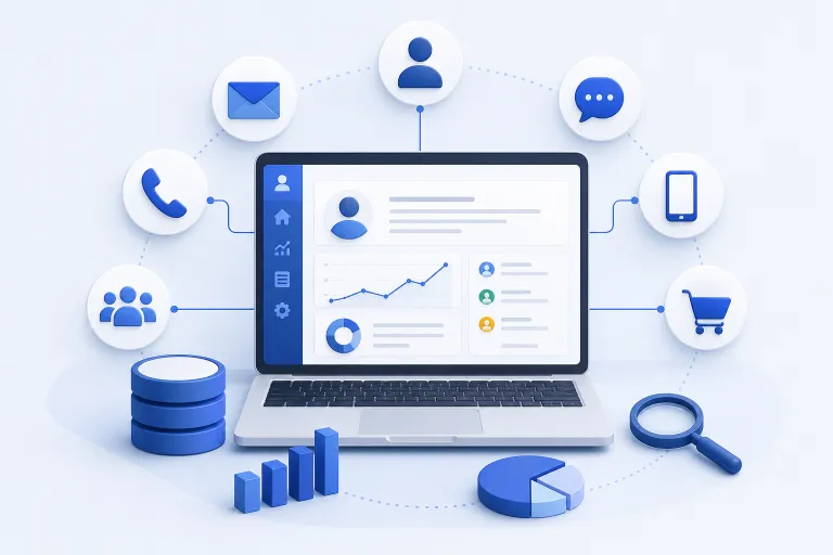 CRM system illustrating customer profiles, interactions, communication, and business analytics