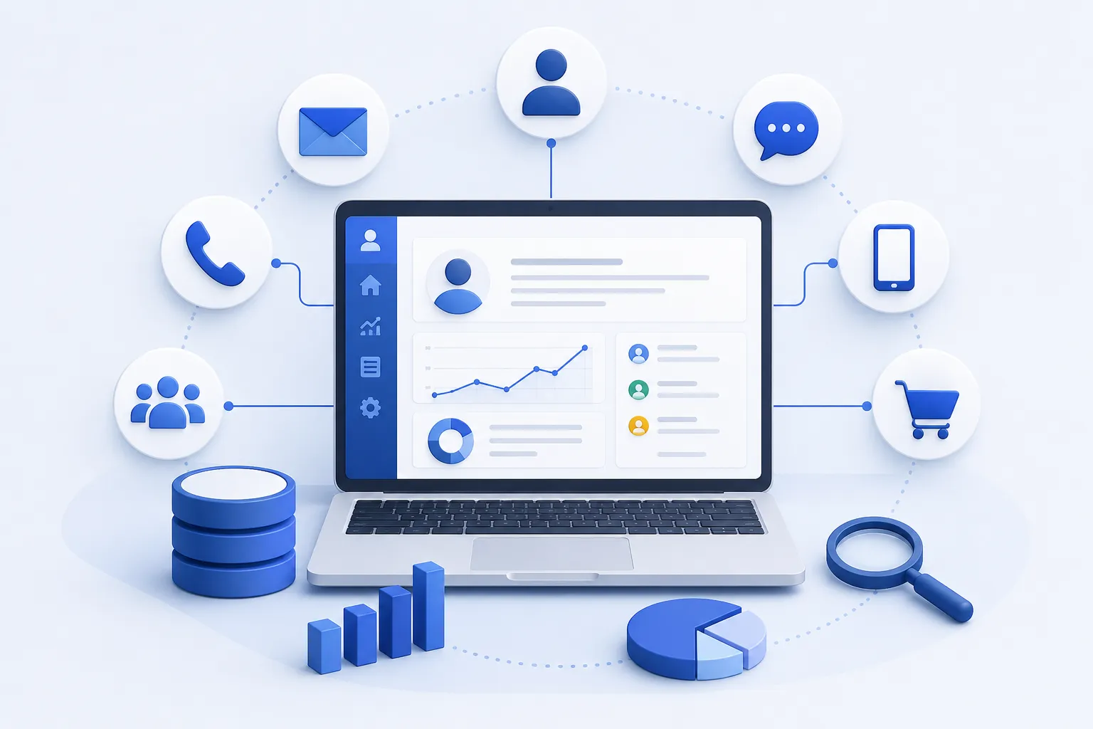 CRM system illustrating customer profiles, interactions, communication, and business analytics