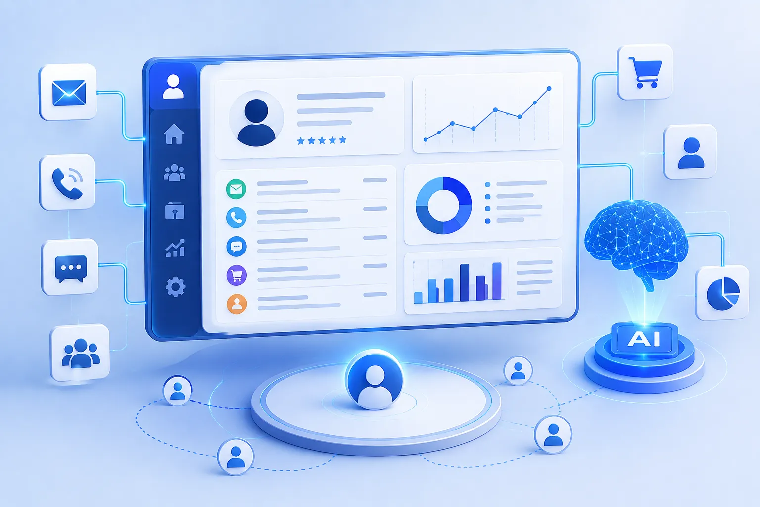 AI-powered CRM dashboard showing customer data, interactions, analytics, and connected customer profiles