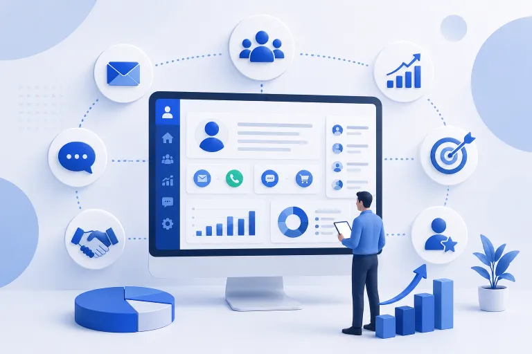 CRM dashboard showing customer relationships, communication, analytics, and business decision-making