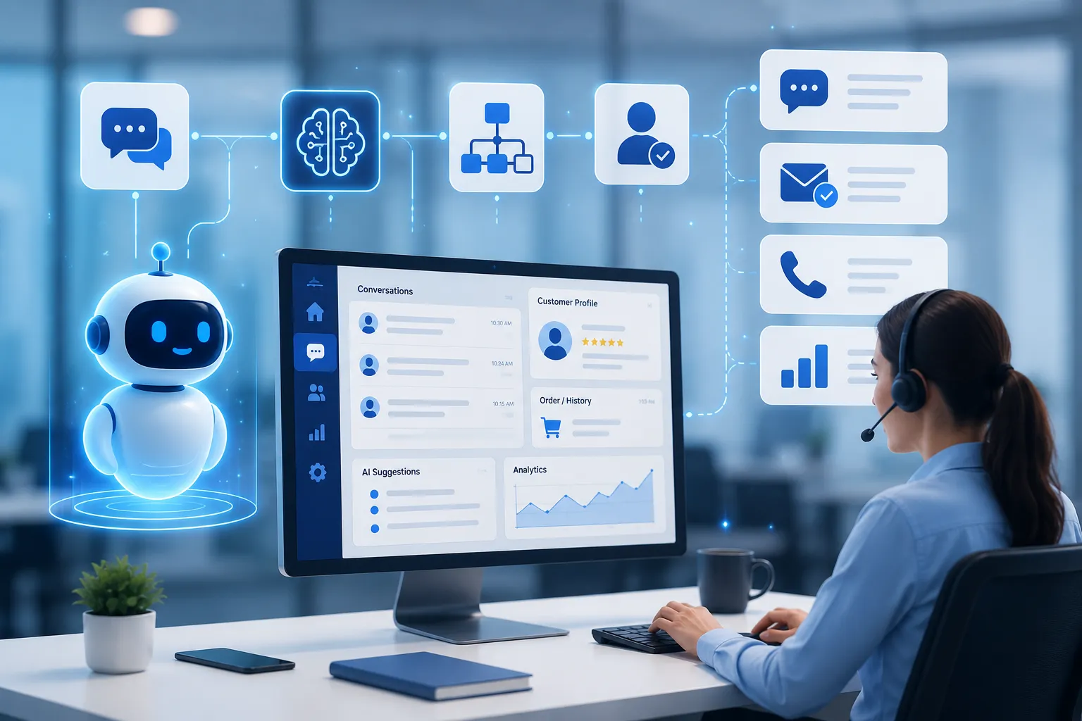 AI-powered customer service workspace showing automation, customer conversations, chatbot support, and employee assistance