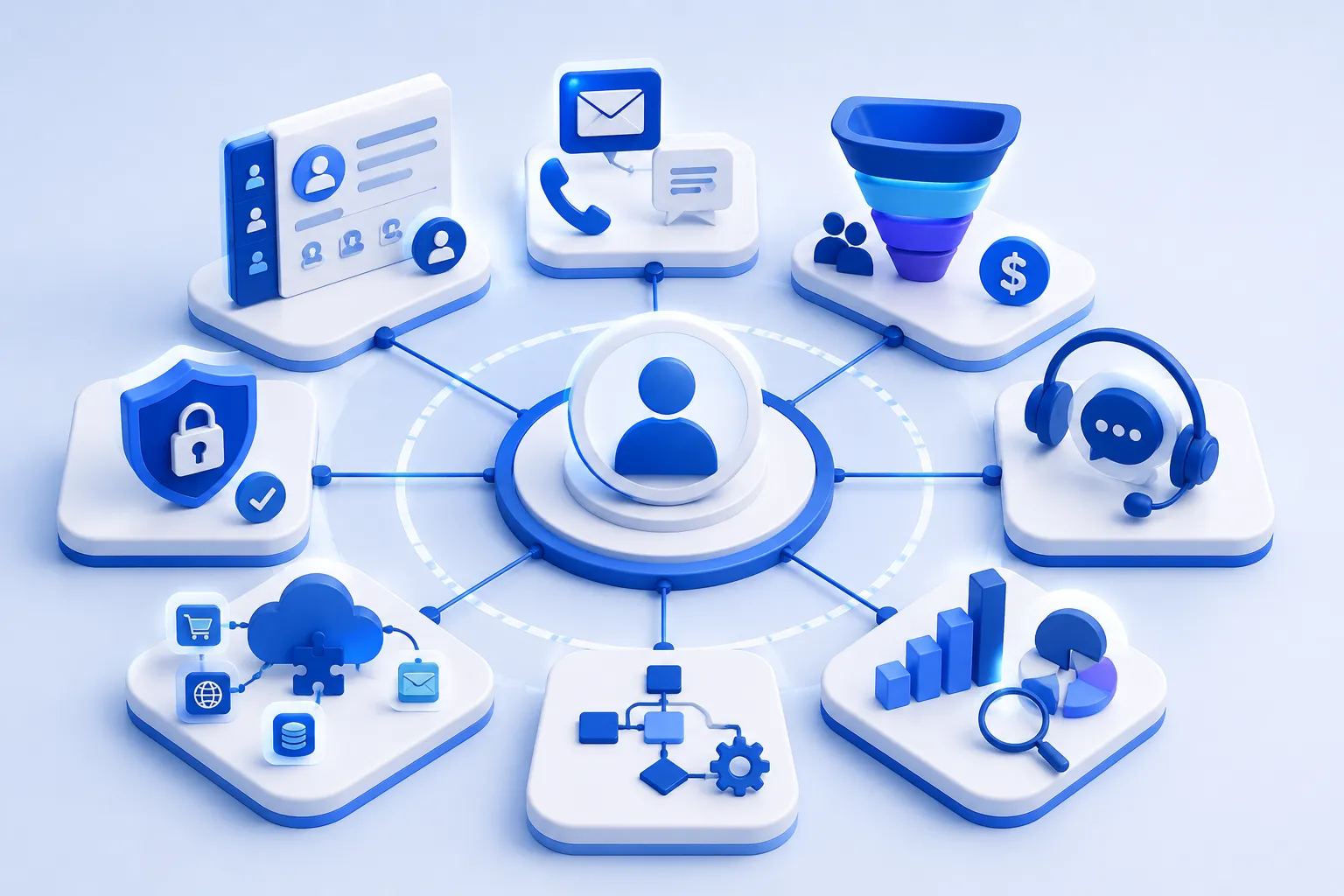 CRM system showing connected customer data, communication, sales, support, analytics, automation, integration, and security components