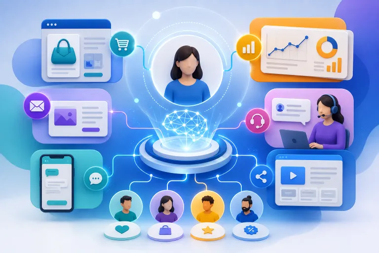 AI-powered personalization connecting customer profiles, recommendations, communication, analytics, and personalized experiences
