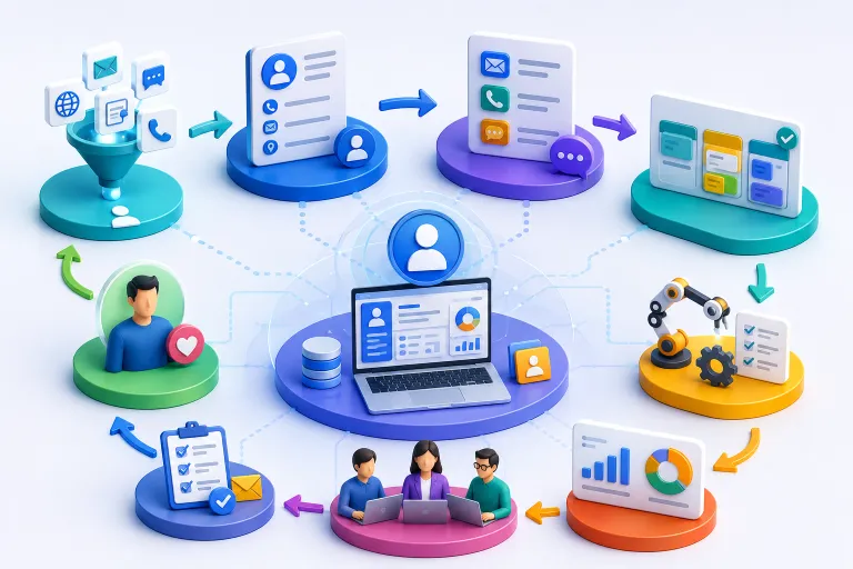 CRM workflow showing customer data, interactions, automation, analytics, and team actions connected in a step-by-step process