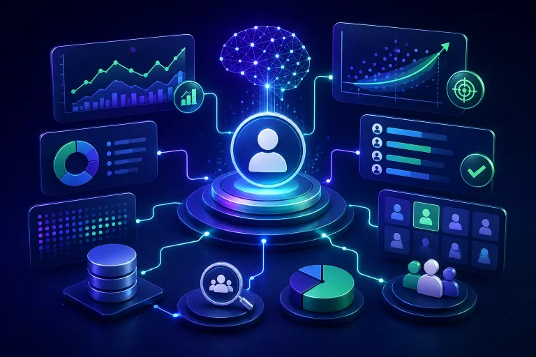 AI-powered CRM analytics showing customer behavior patterns, predictive insights, data visualization, and customer segments