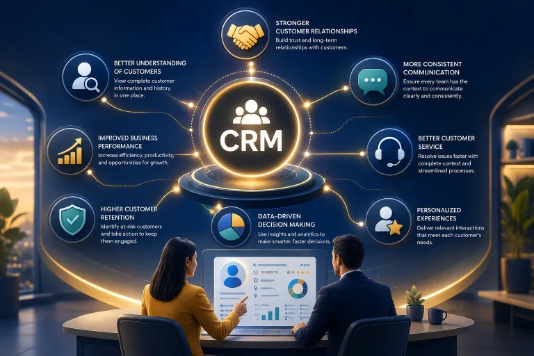 CRM system illustrating customer understanding, communication, service, retention, personalization, analytics, and business decision-making