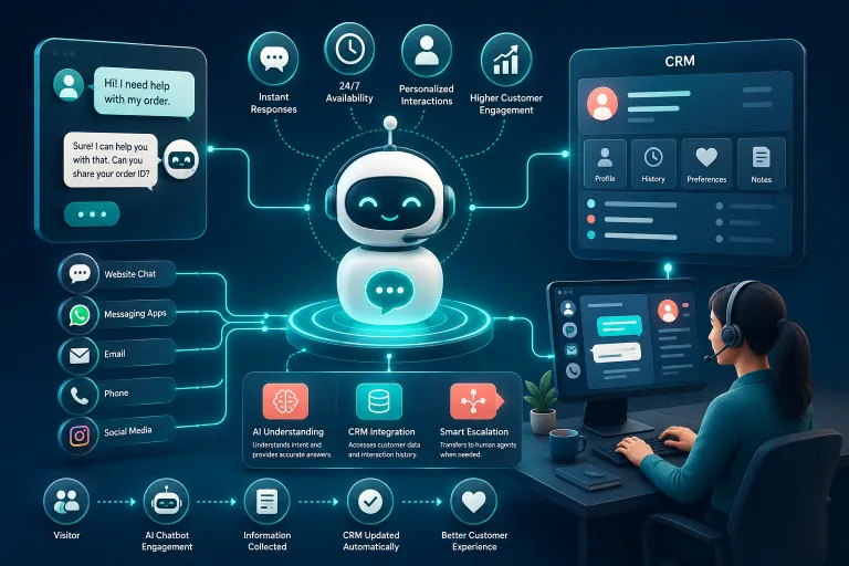 AI chatbot connected to a CRM system supporting customer conversations, customer profiles, service workflows, and human support