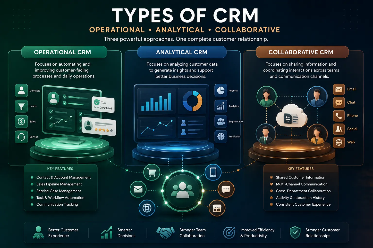 Operational, analytical, and collaborative CRM approaches connected around a central customer relationship system