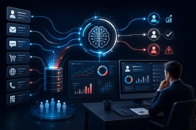 AI system analyzing customer data, CRM insights, analytics dashboards, and decision-making signals