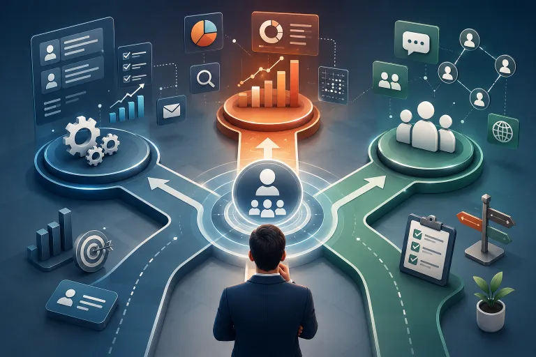 Business decision-maker comparing operational, analytical, and collaborative CRM approaches