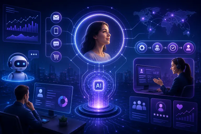 Future AI and CRM ecosystem connecting customer data, AI agents, personalization, automation, analytics, and human customer service