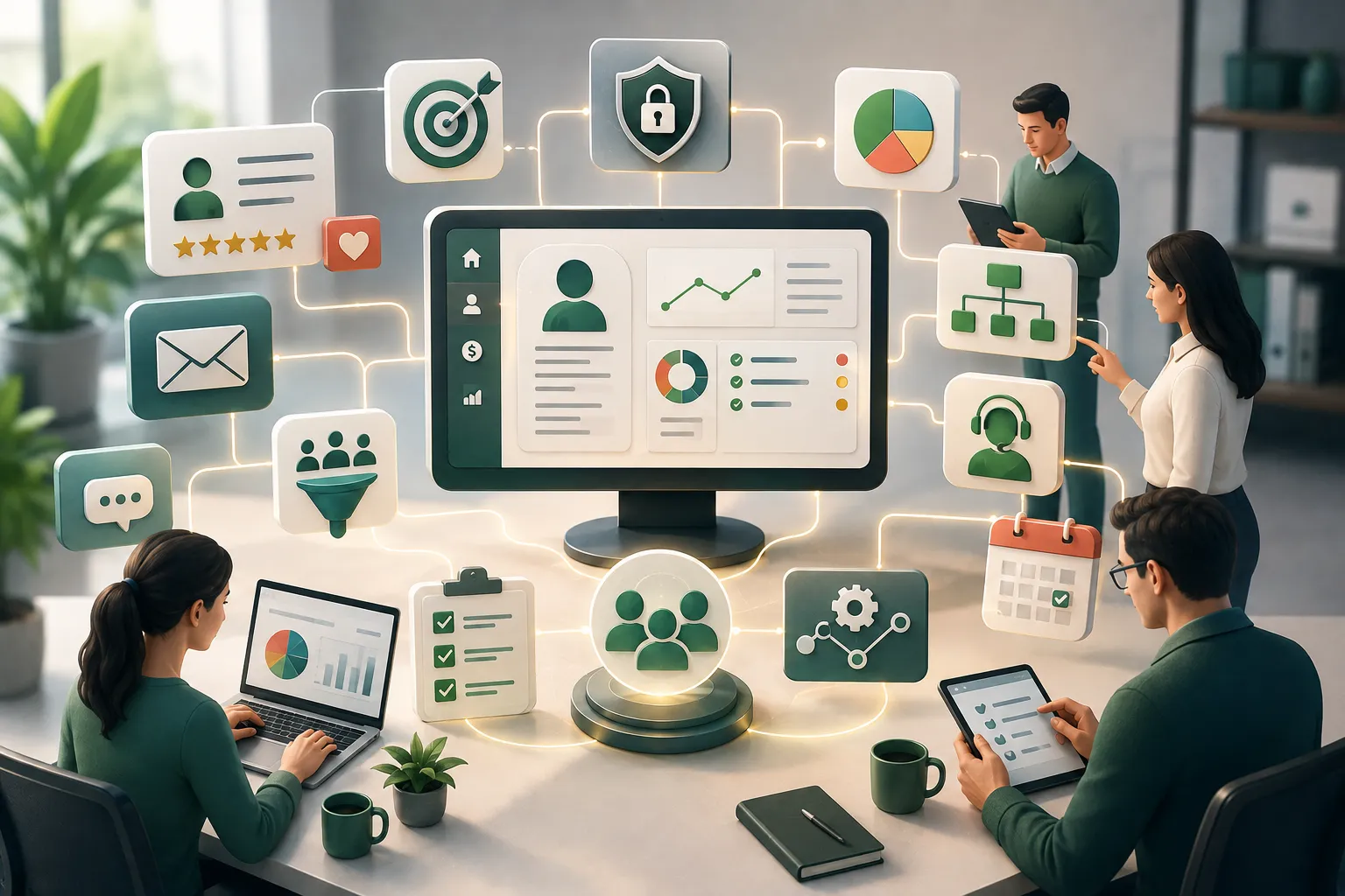 CRM system supporting customer data, communication, workflows, analytics, security, automation, and team collaboration