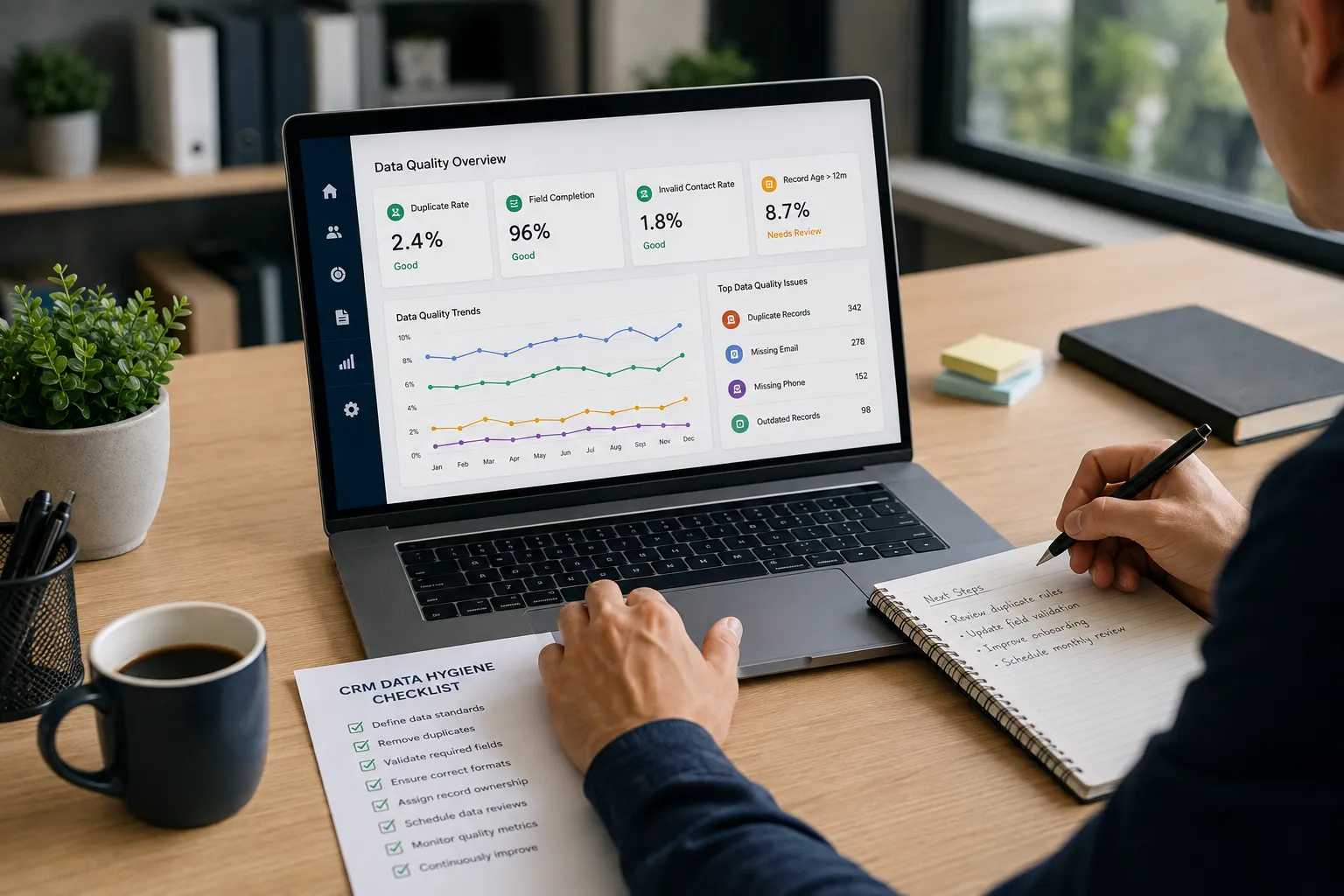 Professional reviewing a CRM data hygiene dashboard with duplicate rate, field completion, invalid contact rate, and outdated customer records.