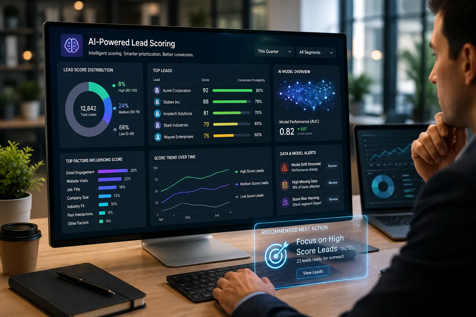 Professional reviewing an AI-powered CRM lead scoring dashboard with conversion probabilities, lead priorities, model performance, scoring factors, and drift alerts.