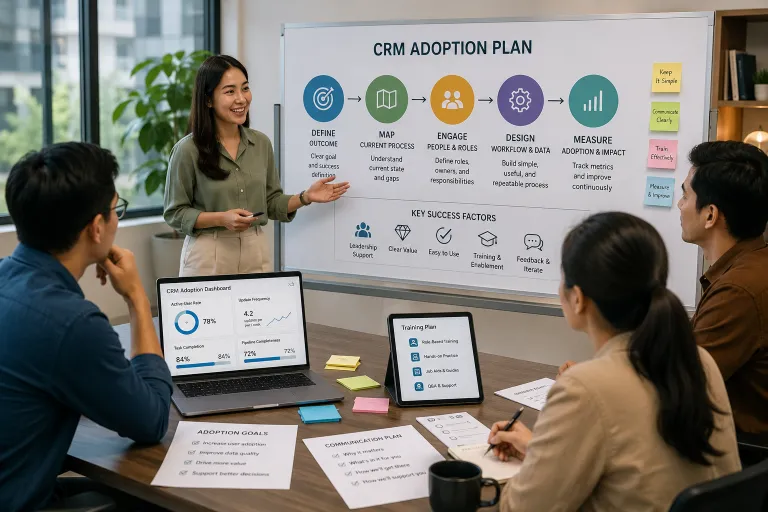 Business team participating in CRM adoption planning with role-based training, workflow mapping, leadership support, and CRM adoption metrics displayed on a presentation board.