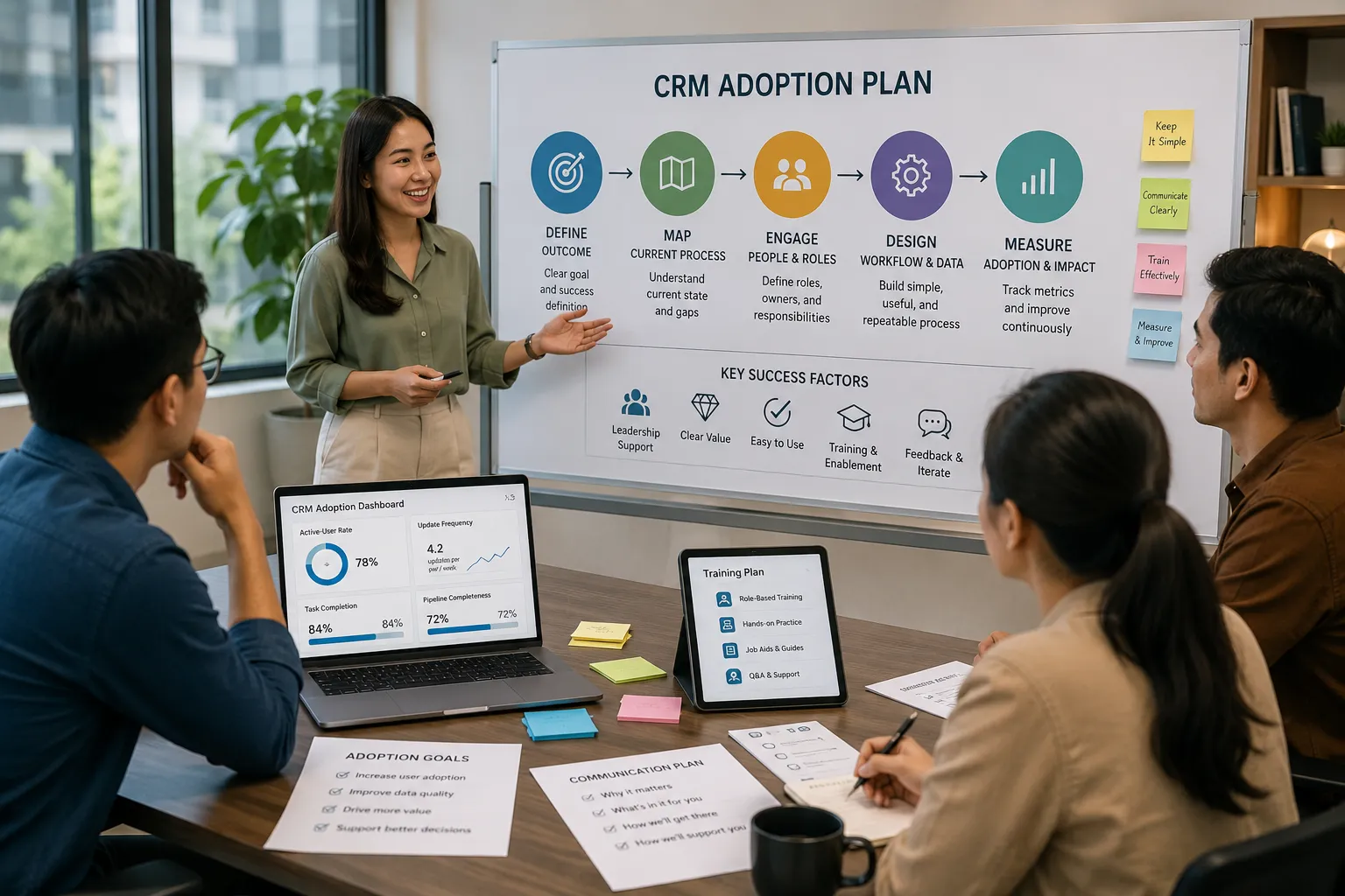 Business team participating in CRM adoption planning with role-based training, workflow mapping, leadership support, and CRM adoption metrics displayed on a presentation board.