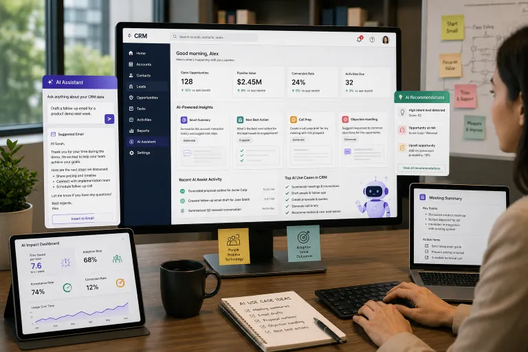 Professional using a CRM workspace with generative AI tools for meeting summaries, follow-up emails, lead recommendations, task support, and performance tracking.