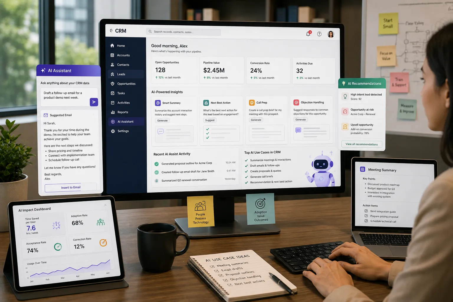 Professional using a CRM workspace with generative AI tools for meeting summaries, follow-up emails, lead recommendations, task support, and performance tracking.