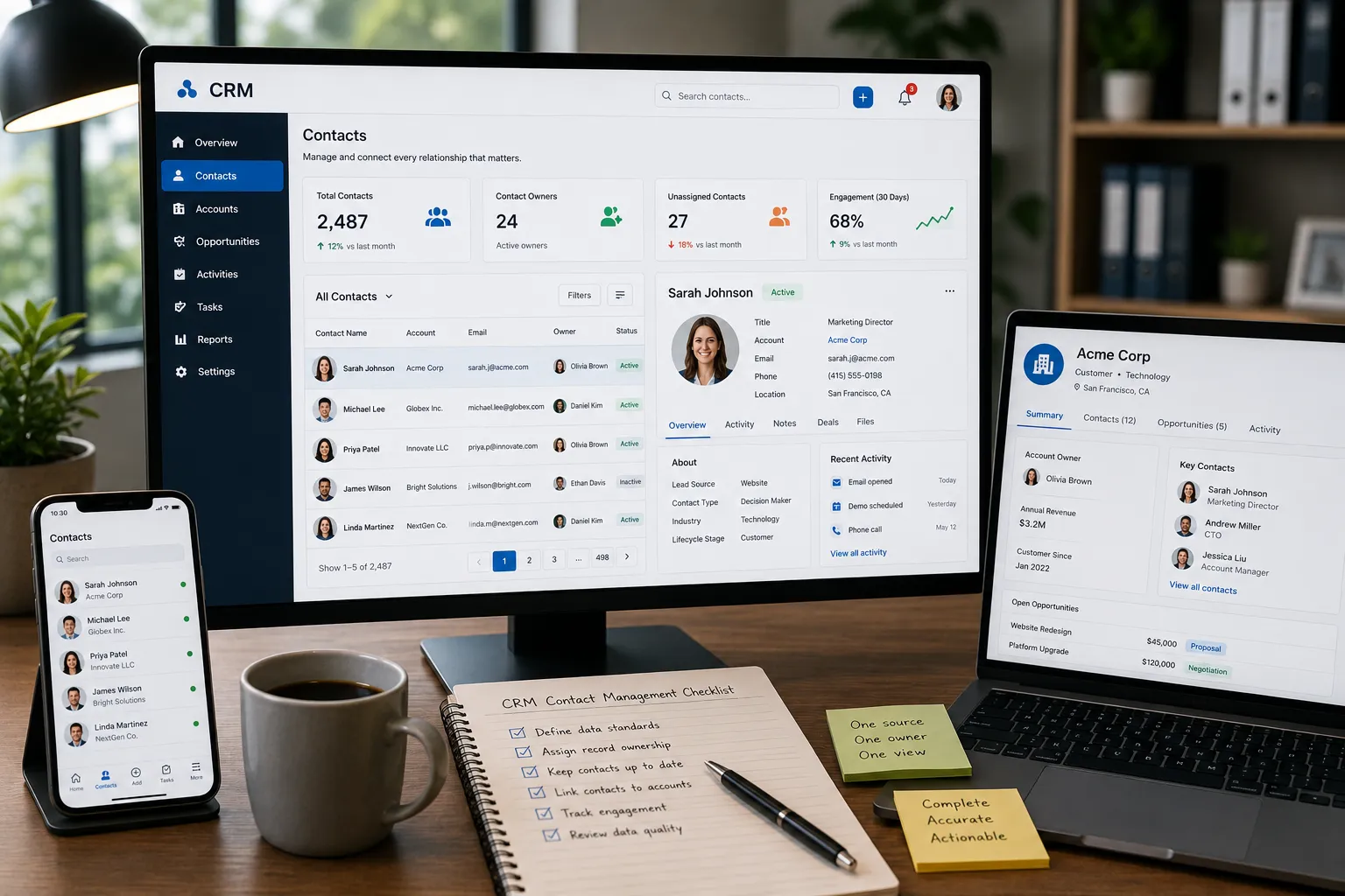 Professional CRM contact management dashboard showing organized customer records, contact ownership, account relationships, engagement history, and contact data management for business growth.