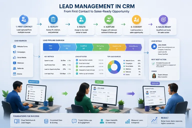 Visual CRM lead management process showing prospects moving from initial contact through qualification, routing, nurturing, and conversion into sales-ready opportunities.