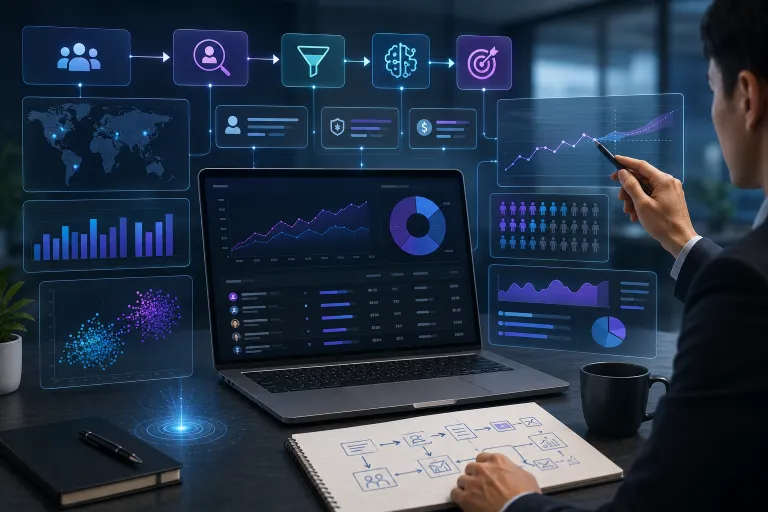 Predictive analytics dashboard in a CRM system showing AI-driven customer behavior forecasting, data visualization, performance metrics, predictive models, and business intelligence used to support customer decision-making.
