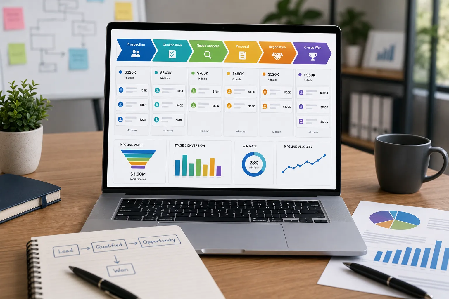 Modern CRM dashboard displaying a visual sales pipeline with opportunity stages, funnel analytics, conversion metrics, and business workflow for managing customer sales opportunities efficiently.