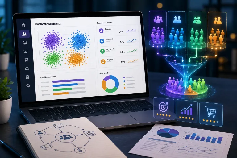 AI customer segmentation dashboard showing distinct customer clusters, behavioral groups, segment analytics, and explainable data patterns for more targeted CRM decisions.