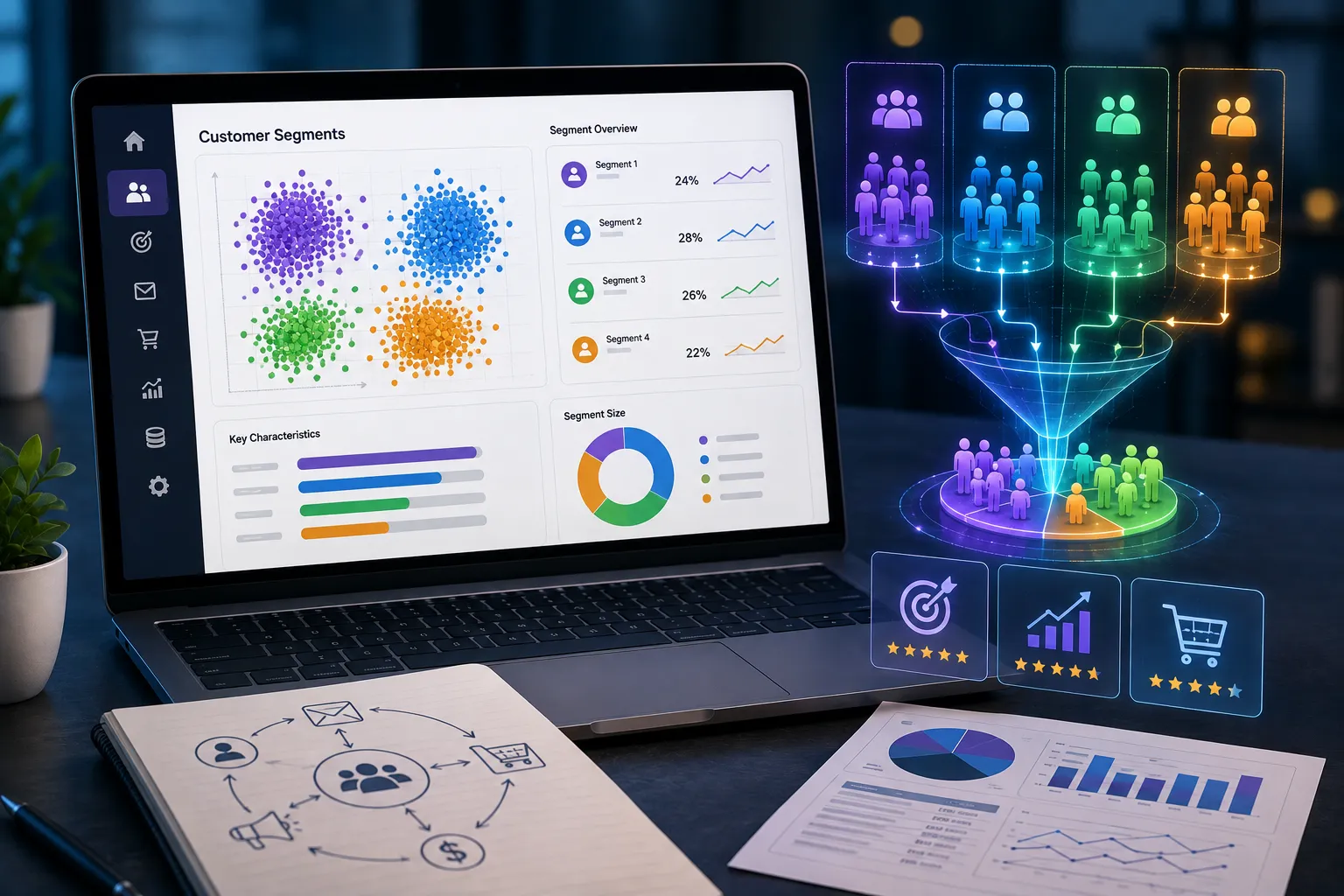AI customer segmentation dashboard showing distinct customer clusters, behavioral groups, segment analytics, and explainable data patterns for more targeted CRM decisions.