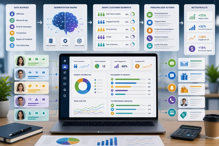 CRM segmentation dashboard visualizing customer groups, engagement patterns, personalized communication channels, campaign performance, and conversion results.