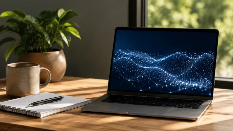 AI for CRM data enrichment concept with a modern workspace showing a laptop displaying connected data networks for improving customer relationship management processes.