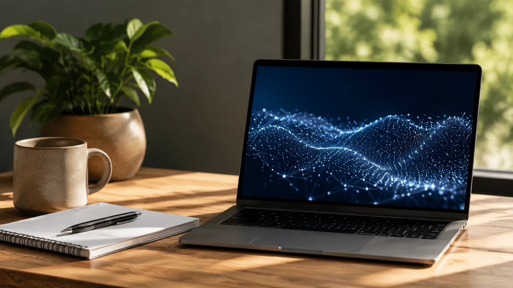 AI for CRM data enrichment concept with a modern workspace showing a laptop displaying connected data networks for improving customer relationship management processes.