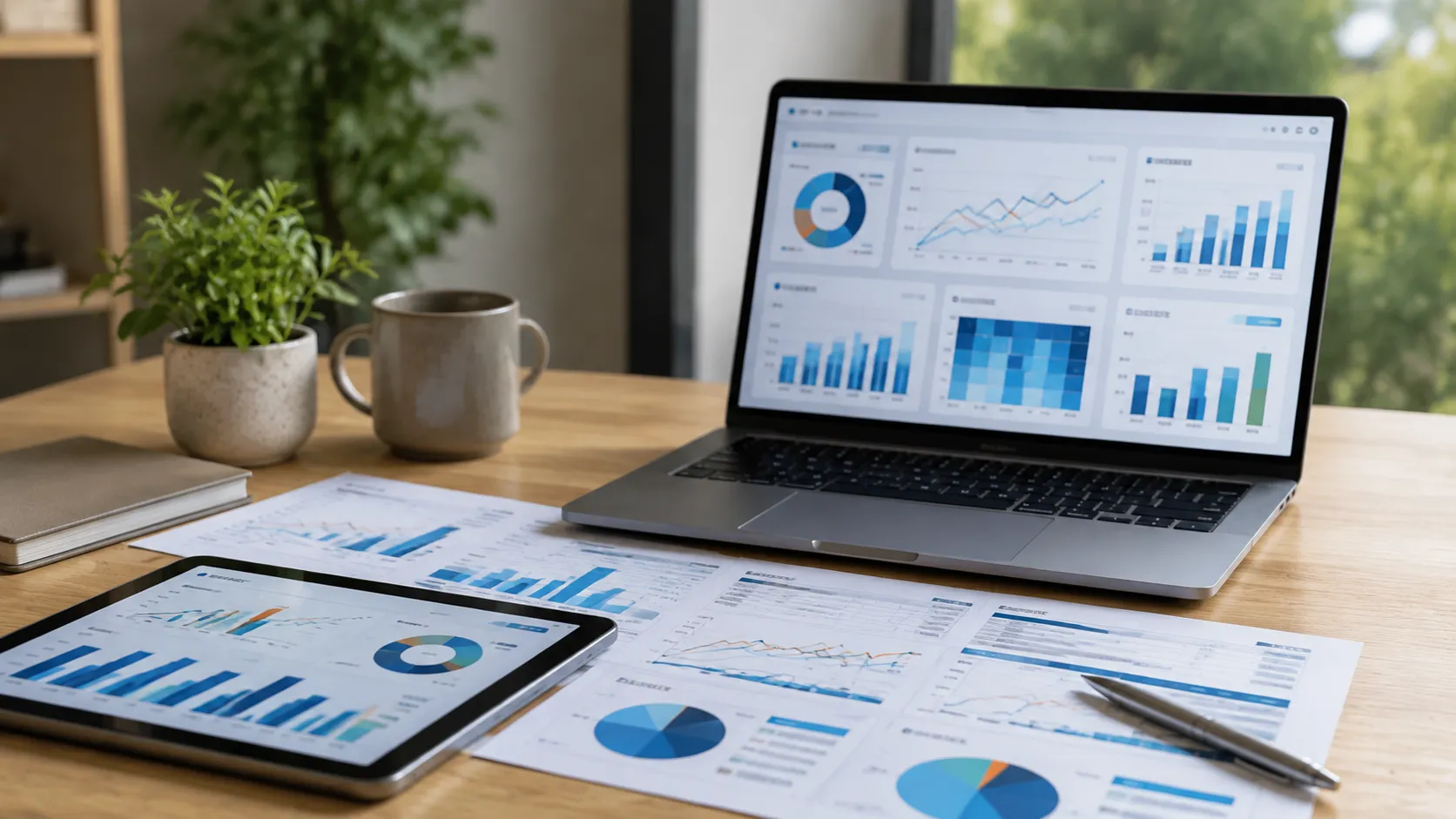 CRM reporting fundamentals concept showing a modern workspace with analytics dashboards and reports for turning customer data into actionable insights.