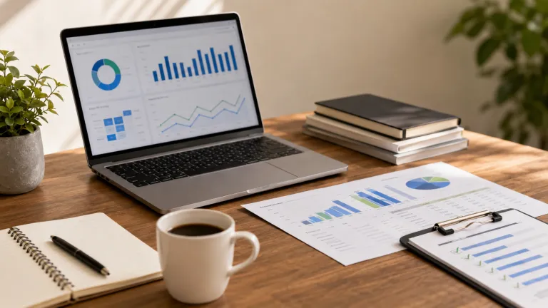 A modern workspace with CRM reports, a laptop dashboard, and organized documents illustrating improve CRM data quality.