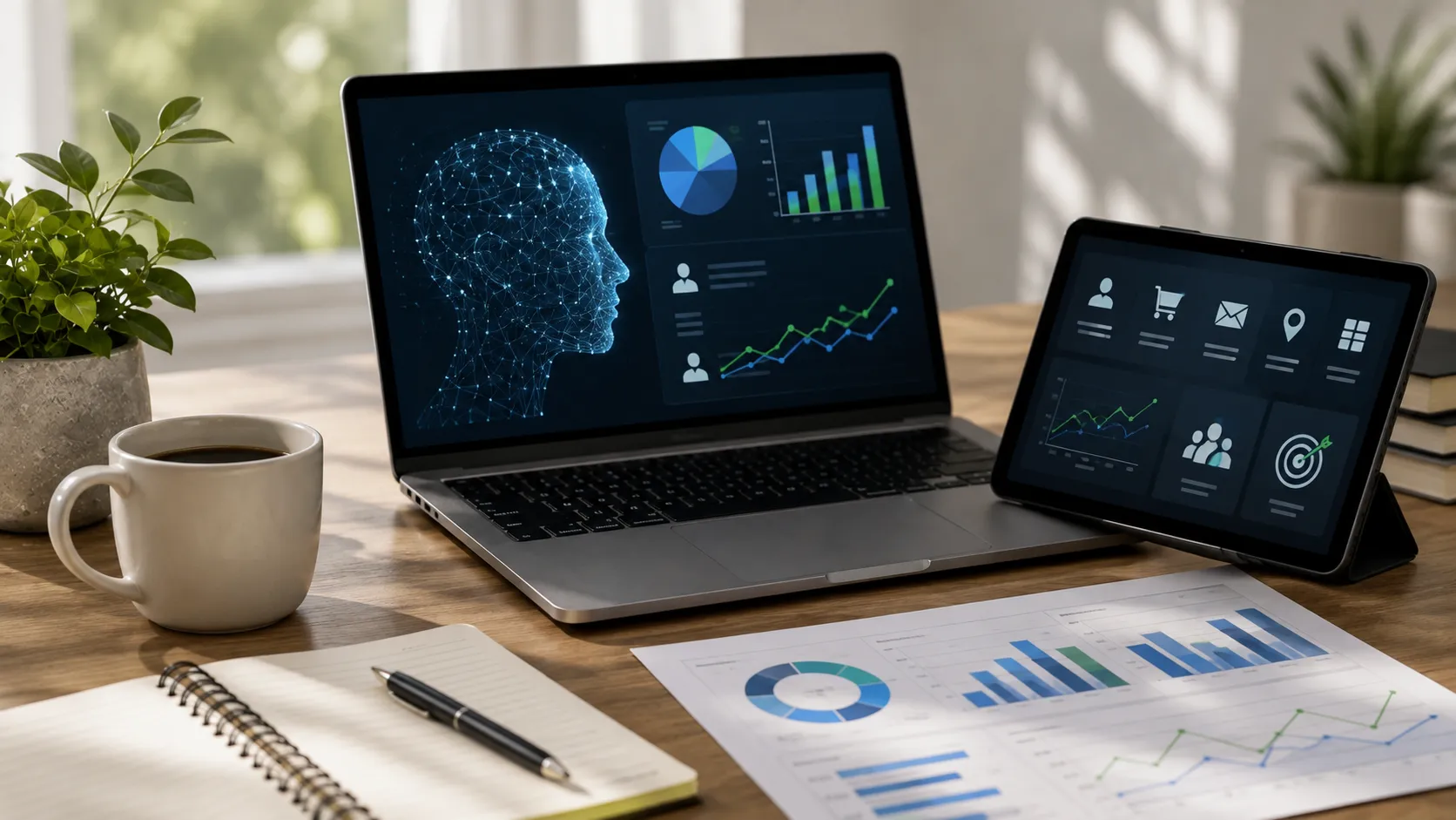 A laptop and tablet displaying customer analytics and AI recommendations, illustrating AI-powered CRM personalization with data-driven targeting and performance insights.