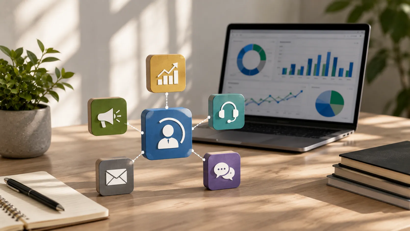 A visual representation of connected sales, marketing, and customer service systems illustrating a CRM integration strategy for seamless data flow and collaboration.