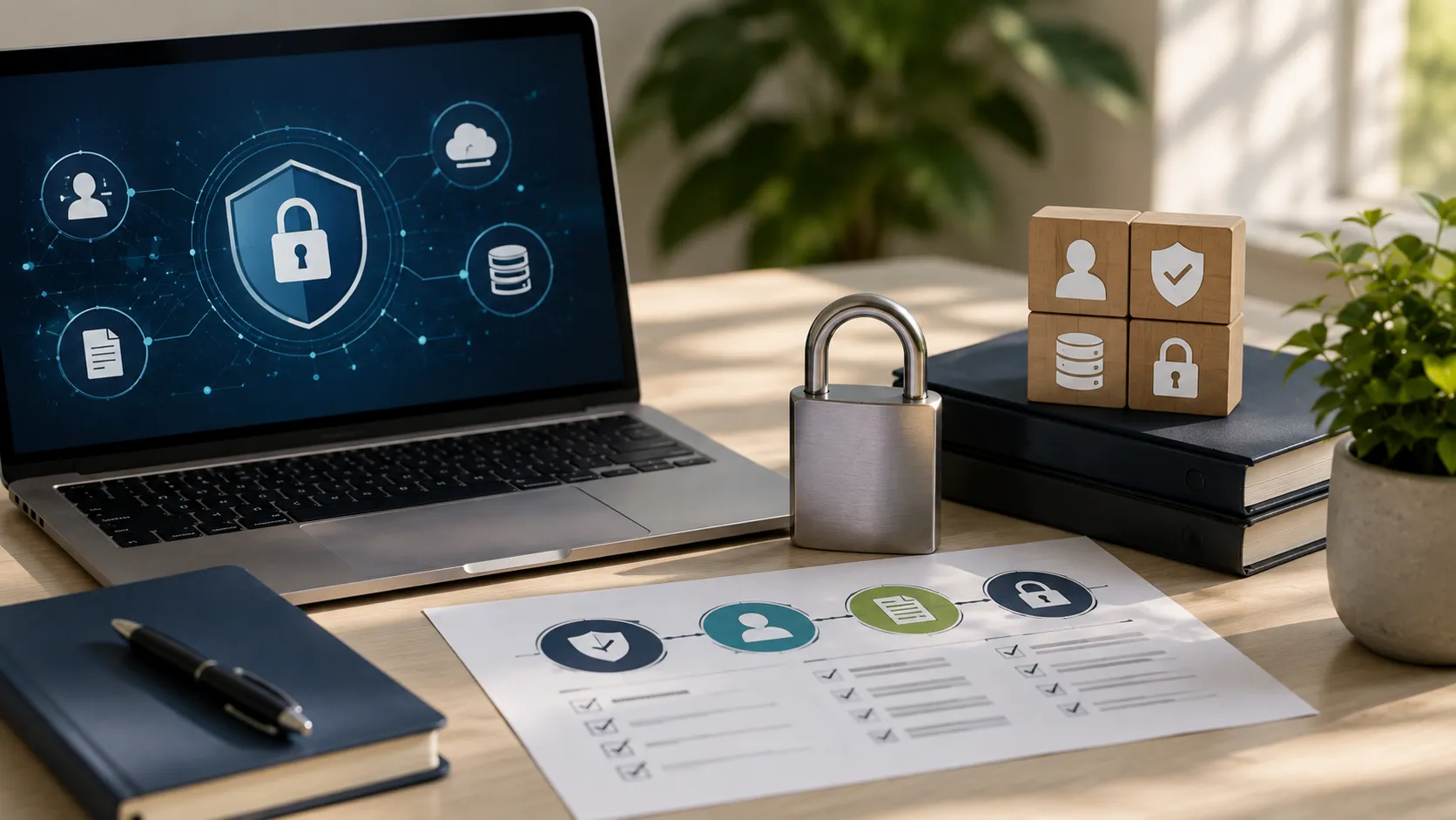 A secure CRM workspace with a laptop, padlock, protected customer data, and governance documents illustrating AI CRM data privacy.