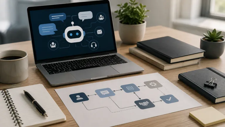 A modern workspace showing a chatbot interface and connected CRM workflow, illustrating conversational AI in CRM for customer support and handoff management.