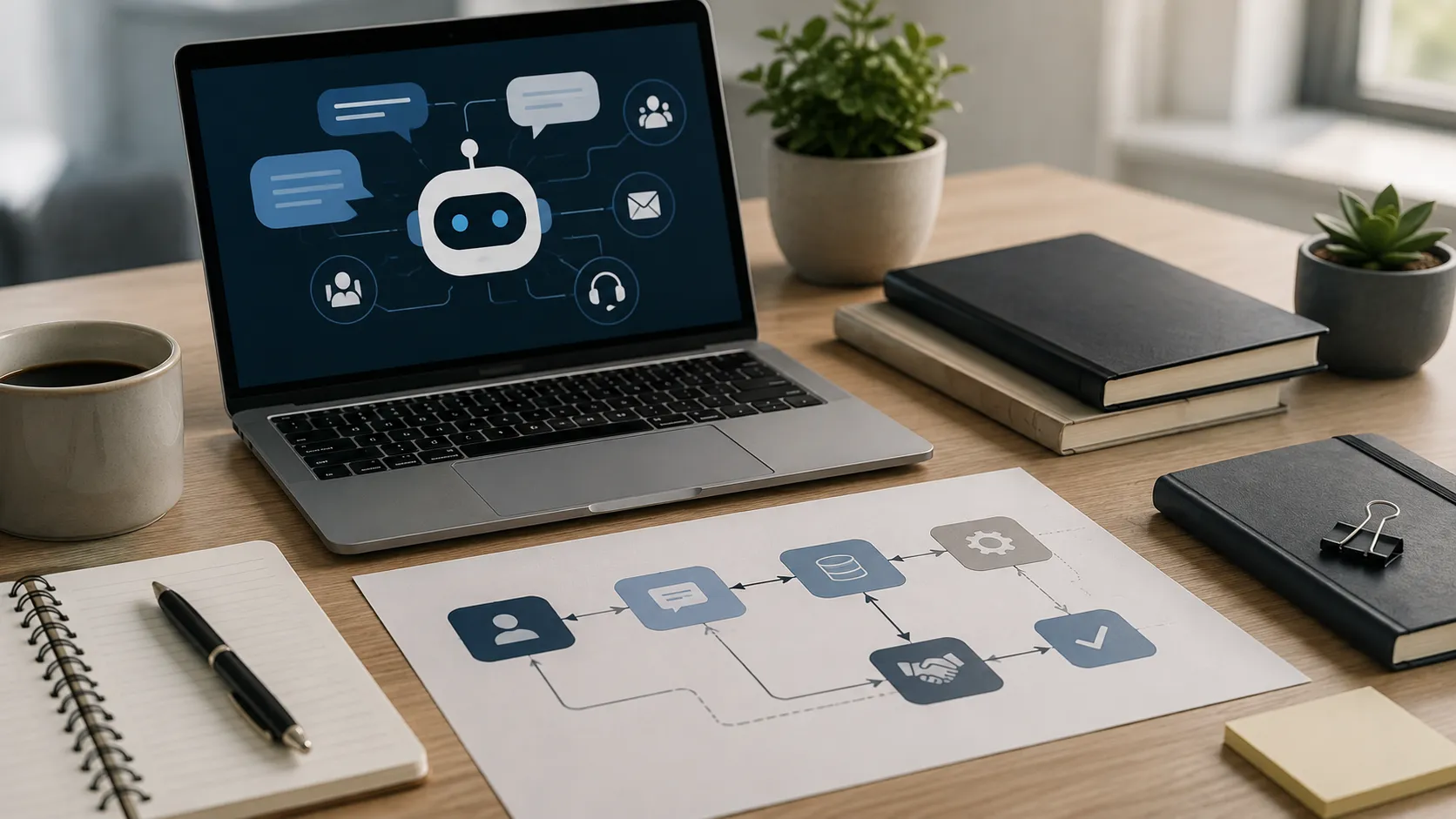 A modern workspace showing a chatbot interface and connected CRM workflow, illustrating conversational AI in CRM for customer support and handoff management.