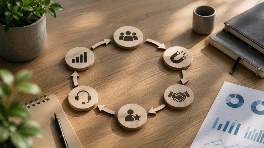 A circular customer journey diagram with connected lifecycle stages, illustrating customer lifecycle management in CRM from acquisition to retention and growth.