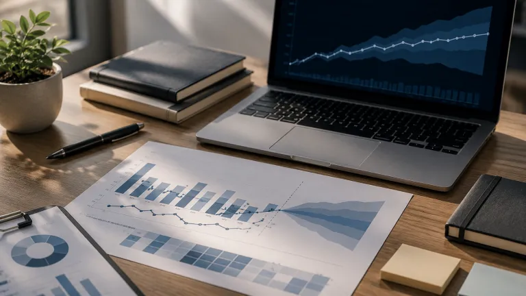 A laptop and printed forecast charts with confidence ranges illustrate AI sales forecasting in CRM and uncertainty-aware revenue predictions.