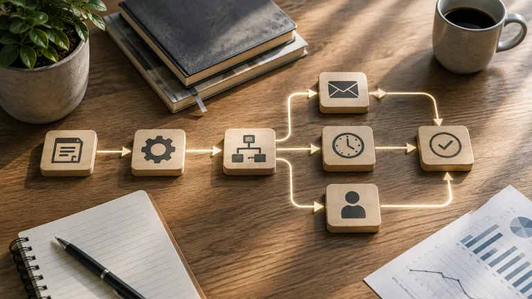 A connected workflow diagram with automation steps and a human review path, illustrating balanced CRM workflow automation.