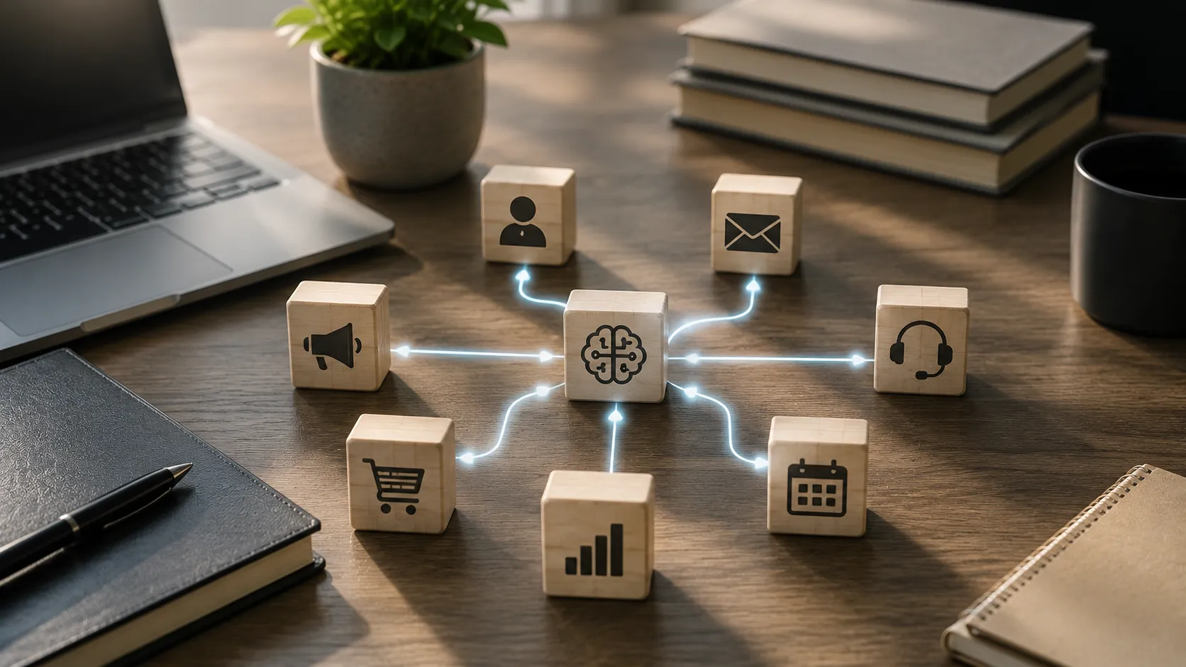 An AI-powered CRM workflow connects customer interactions, communication, analytics, and business processes through an intelligent decision network.