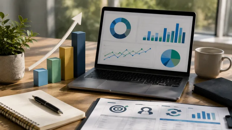 A modern analytics workspace showing business performance charts and growth indicators for choosing CRM KPIs that align with business goals.