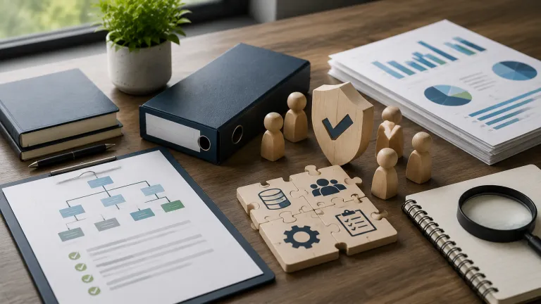 A professional workspace with governance documents, workflow planning materials, analytics reports, and security symbols representing CRM governance for sustainable business growth.