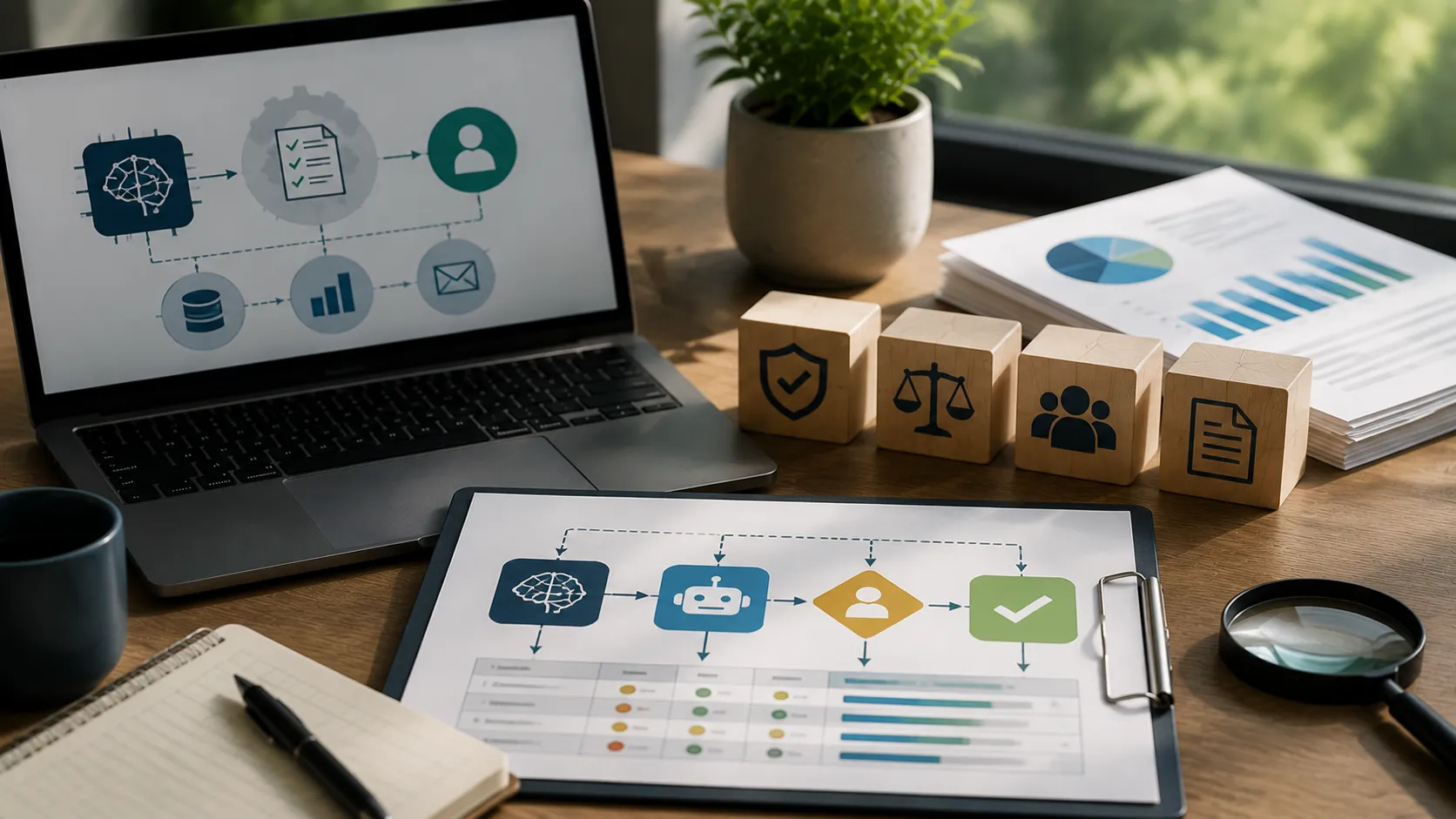 A professional workspace showing AI workflow, review processes, and decision controls representing human-in-the-loop AI for CRM oversight.