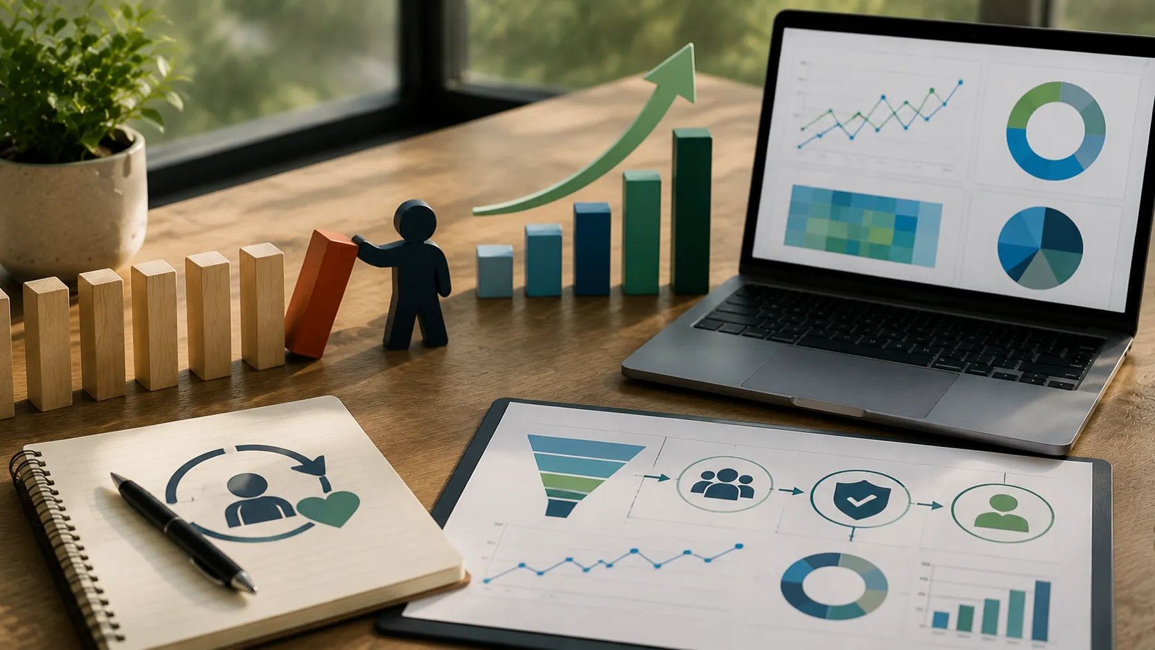 CRM customer retention analytics dashboard concept with charts, workflow planning, and risk monitoring elements for identifying customer retention opportunities.