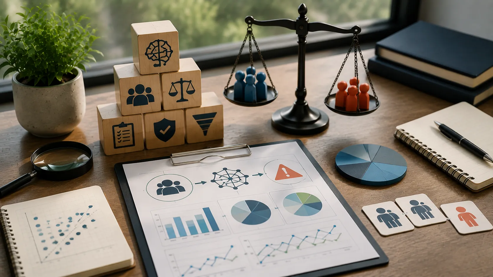 AI bias in CRM analysis concept with balanced scales, data charts, and governance elements representing fair and responsible AI decision-making.