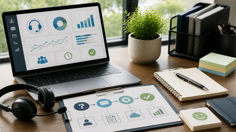 CRM for customer service workspace with analytics dashboard, support workflow, and performance tracking elements for improving customer support operations.