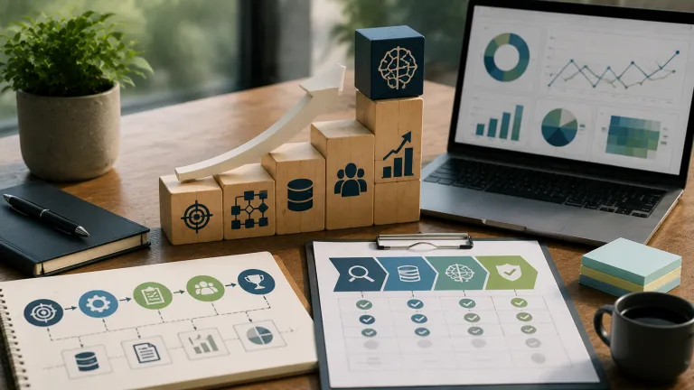 AI-ready CRM strategy planning workspace with data analytics, workflow design, and growth indicators representing sustainable CRM adoption.