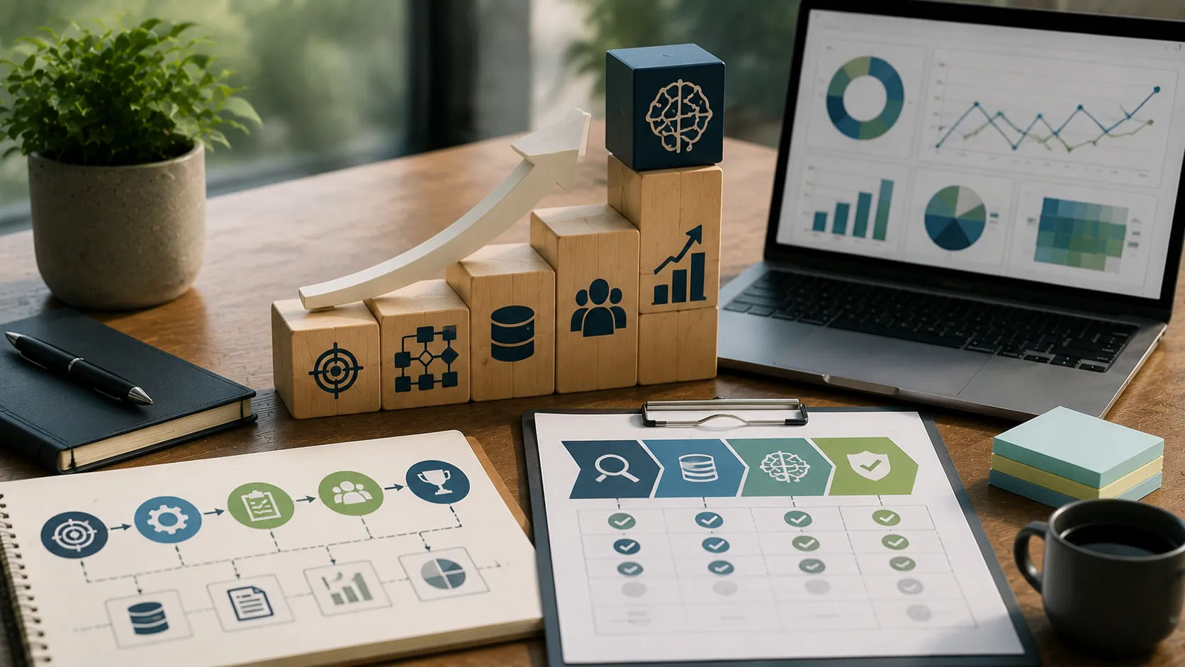 AI-ready CRM strategy planning workspace with data analytics, workflow design, and growth indicators representing sustainable CRM adoption.